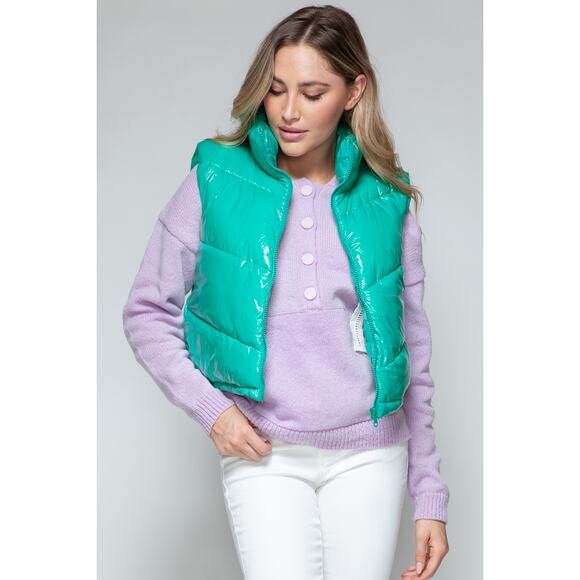SNOBBISH Green Shiny Quilted Puffer Vest Full Zip Turtleneck Misses NEW Medium - Picture 7 of 11